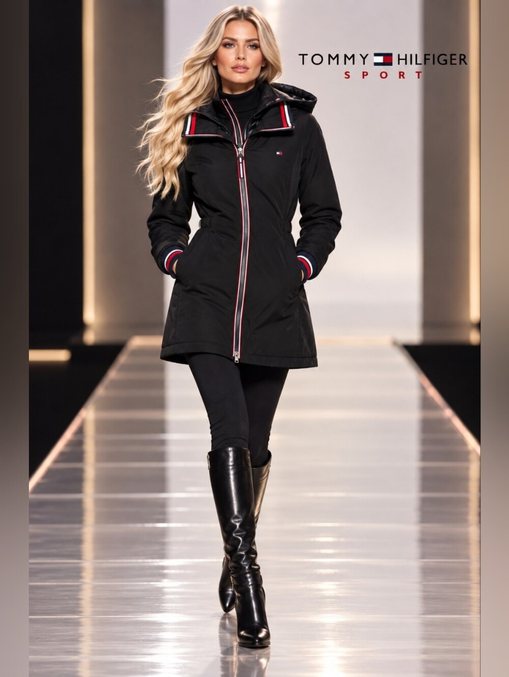 Tommy Hilfiger Sport Black Hooded Long Jacket Coat Women’s Medium